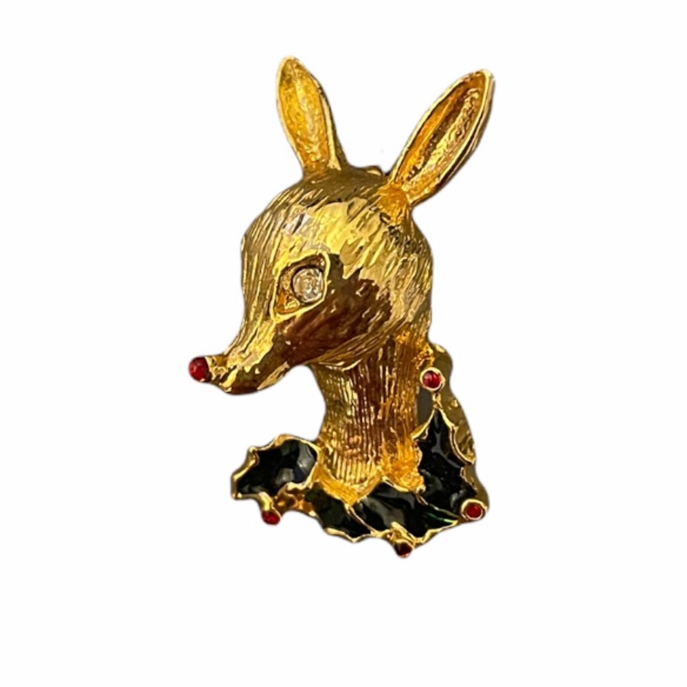 Vintage Gold-Tone Rudolph The Red Nosed Reindeer Christmas Holiday Brooch Pin
